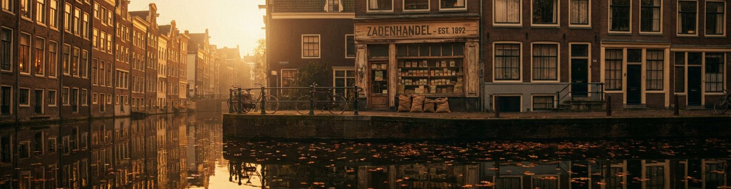 Canal d'Amsterdam au coucher du soleil évoquant la fondation de la seedbank Mr Nice en 1999