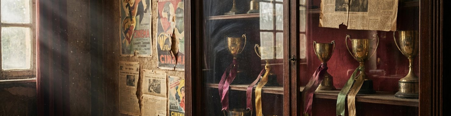 Vitrine vintage de trophées dorés évoquant le palmarès Cannabis Cup remporté par Mr Nice Seeds