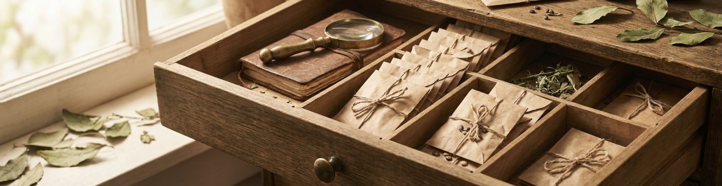 Tiroir en bois ancien rempli d'enveloppes à graines manuscrites évoquant le travail de sélection de Shantibaba