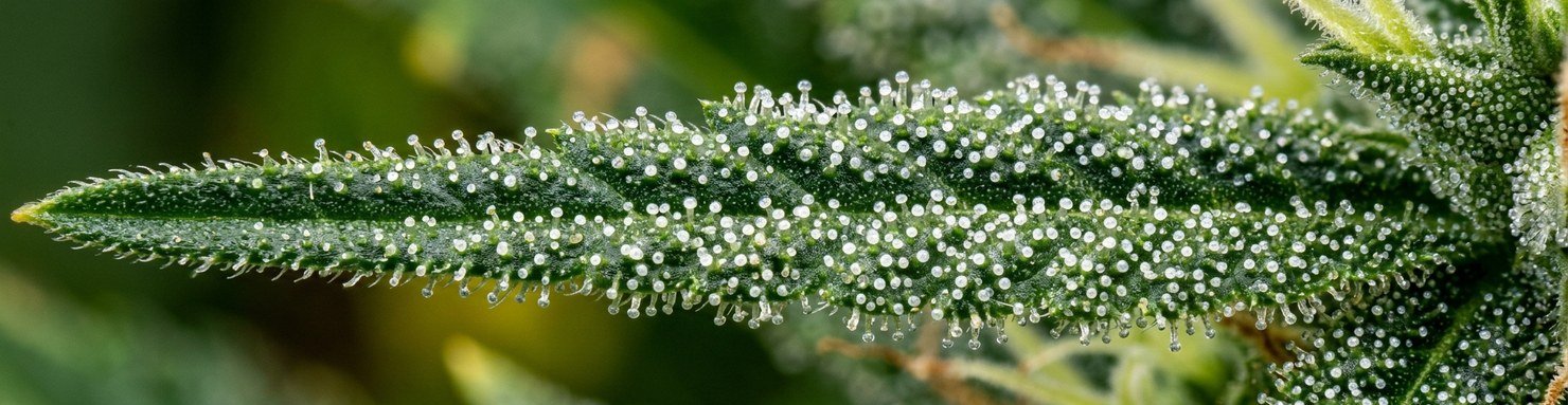 Bractée de cannabis couverte de trichomes glandulaires cristallins