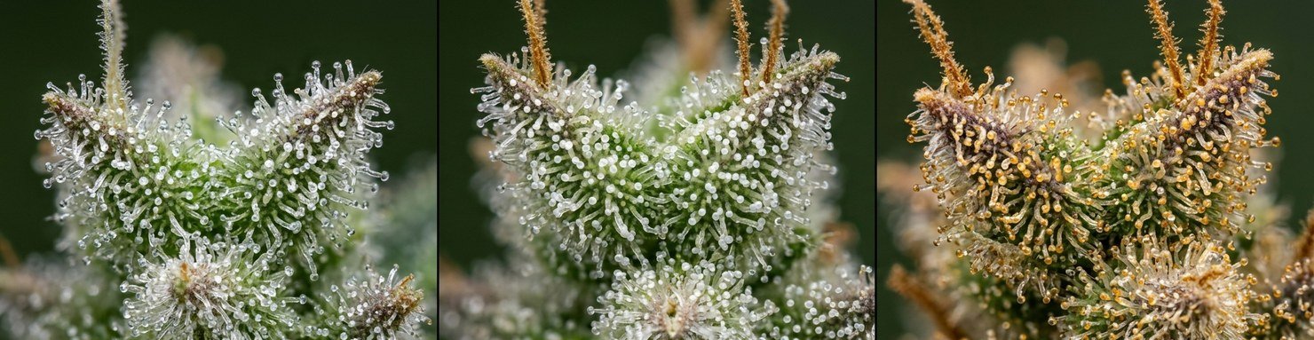 Comparaison des phases chromatiques des trichomes : transparente, laiteuse, ambrée