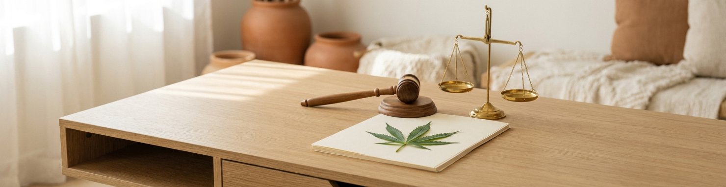 Marteau de juge, balance et feuille de cannabis illustrant la loi sur le cannabis au Mexique