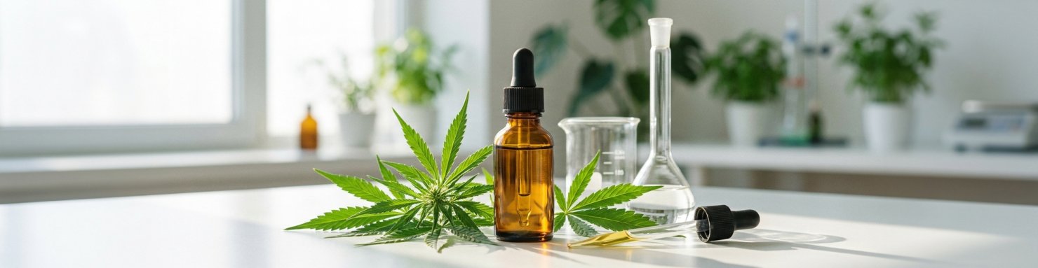 Flacon compte-gouttes et feuilles de cannabis évoquant l'usage médical du cannabis au Mexique