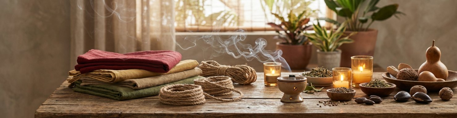 Textiles rouge, or et vert et encens évoquant le rastafarisme et la ganja sacrée