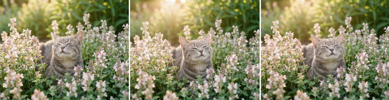 Chat tigré se roulant joyeusement dans un parterre de cataire en fleur avec euphorie féline