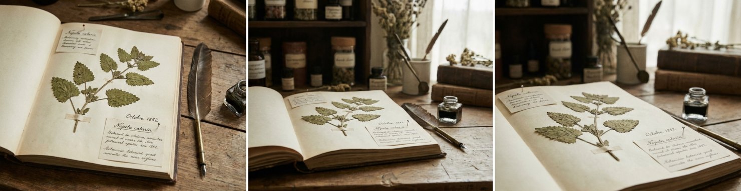 Herbier traditionnel avec feuilles de cataire séchées pour usage prudent en herboristerie ancienne
