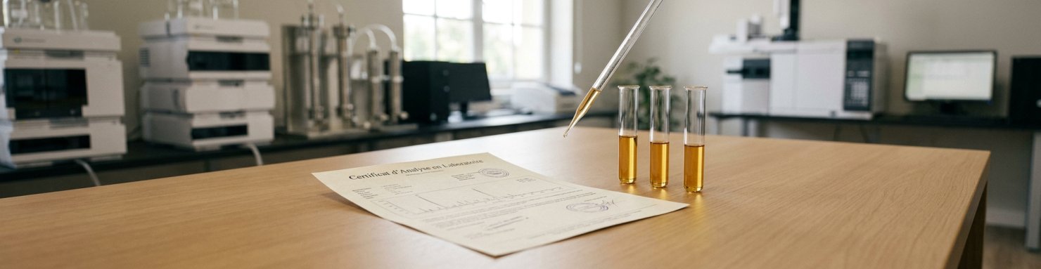 Certificat d'analyse CBD en laboratoire avec éprouvettes et huile ambrée illustrant le cadre légal français pour les produits cannabidiol