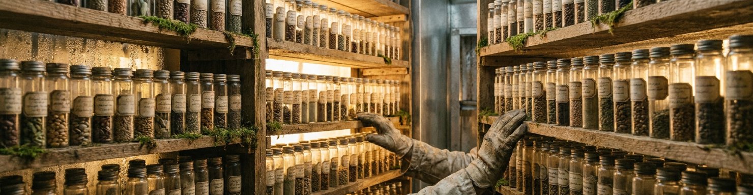 Conservation génétique végétale en banque de graines, fioles de semences en chambre froide pour la sélection variétale