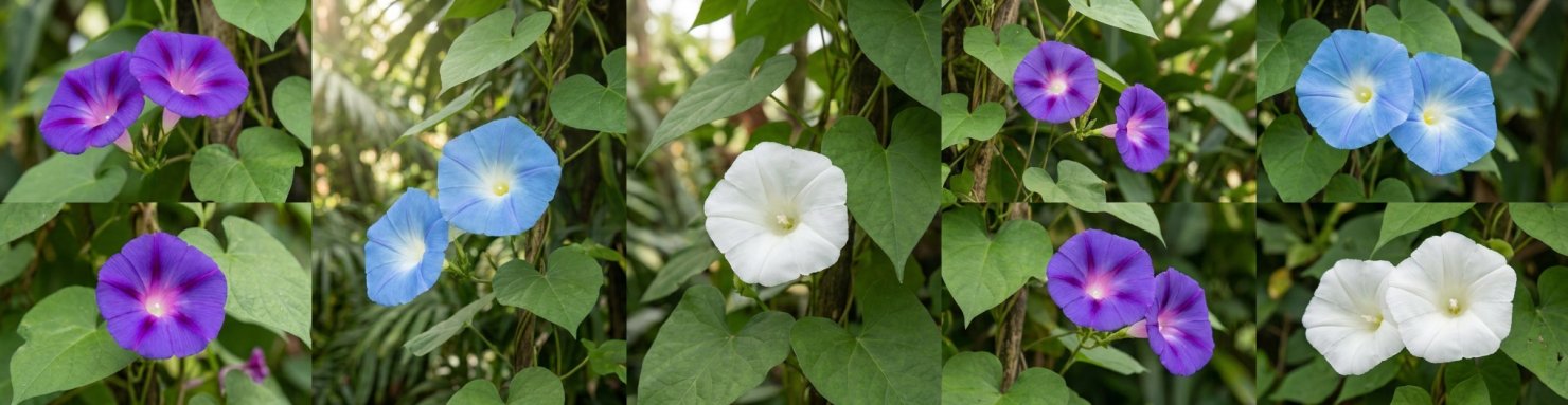 Diversité de fleurs Ipomoea purpurea, Ipomoea tricolor et Calystegia sepium illustrant les principaux genres de la famille Convolvulaceae