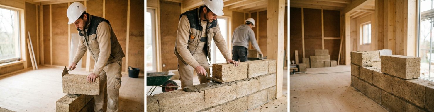 Chantier de pose de briques de chanvre IsoHemp et Multichanvre sur ossature bois