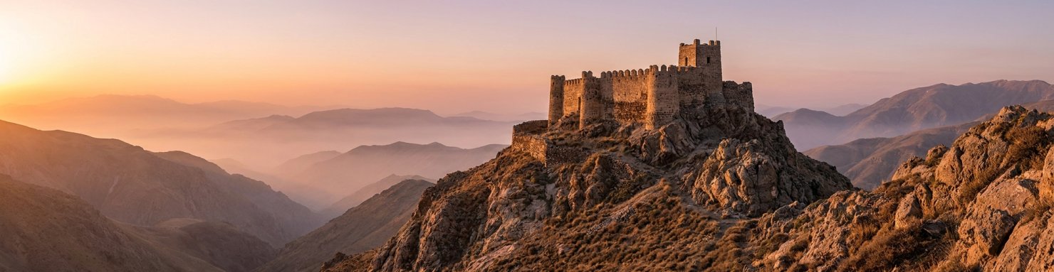 Forteresse de montagne évoquant Alamût, berceau de la secte des Assassins en Perse médiévale