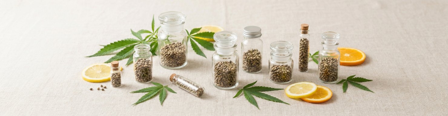 Graines de collection Green Crack et déclinaisons présentées dans des flacons botaniques