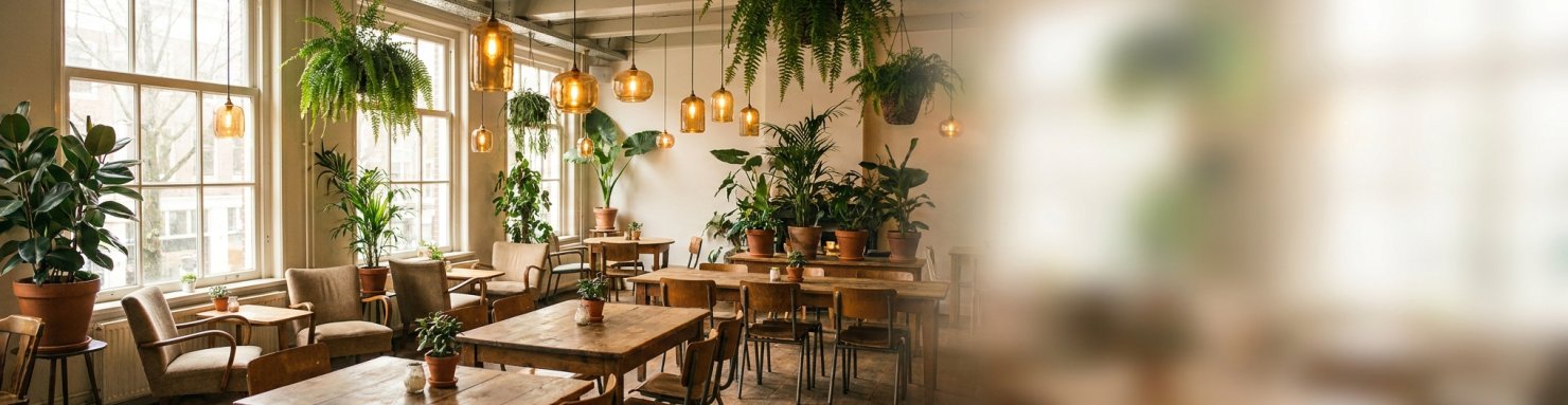 Ambiance chaleureuse et verdoyante d'un coffee shop à Amsterdam