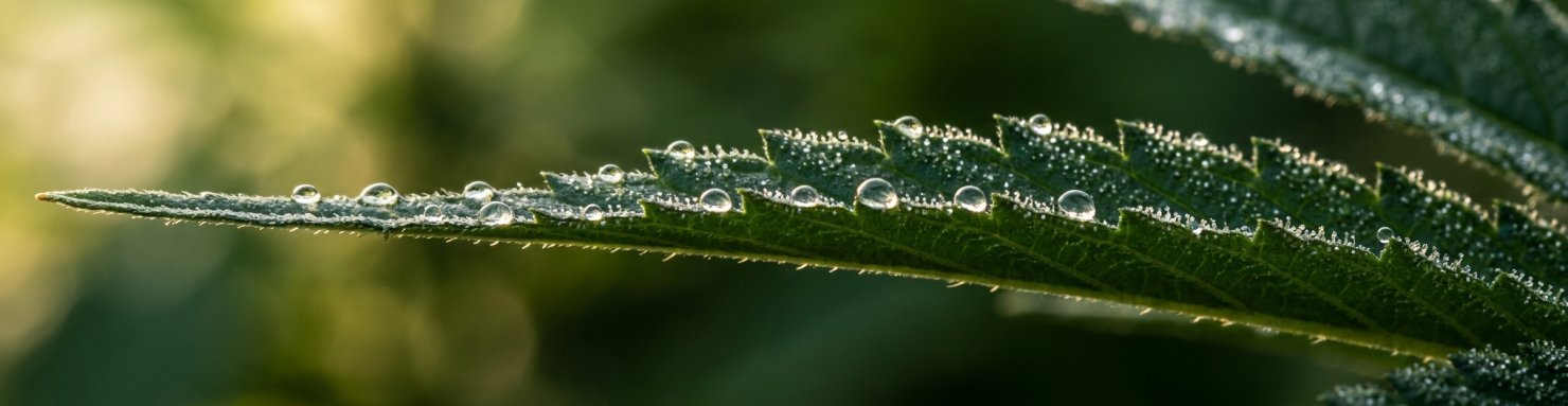 Gouttes de guttation cannabis sur le bord dente d une feuille au petit matin