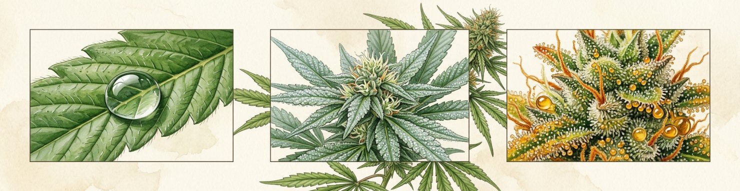 Comparaison visuelle entre guttation rosee et resine sur cannabis