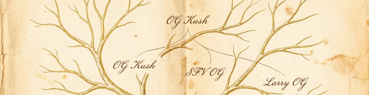 Arbre généalogique illustré du Lemon Larry OG dans la lignée OG Kush et SFV OG californienne