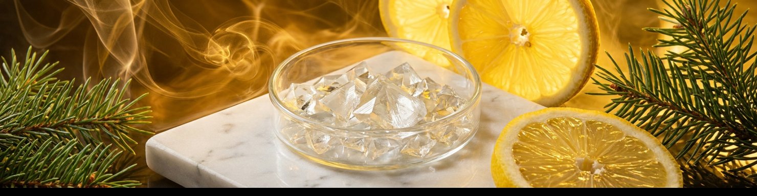 Profil terpénique du Lemon Larry OG dominé par le limonène, citrons et cristaux de terpène
