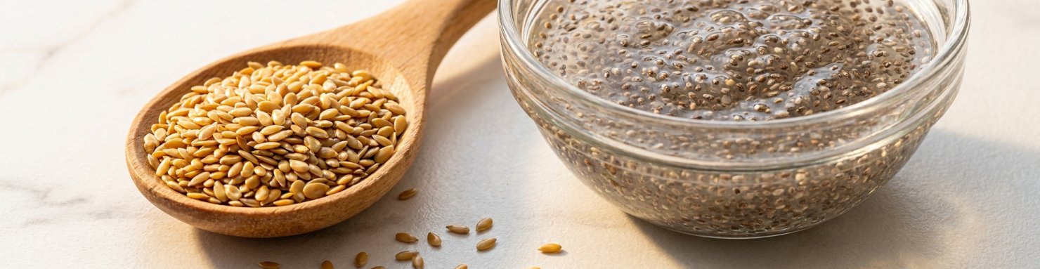 Cuillère de graines de lin et bol de graines de chia hydratées illustrant la quantité quotidienne recommandée pour couvrir les besoins en oméga 3