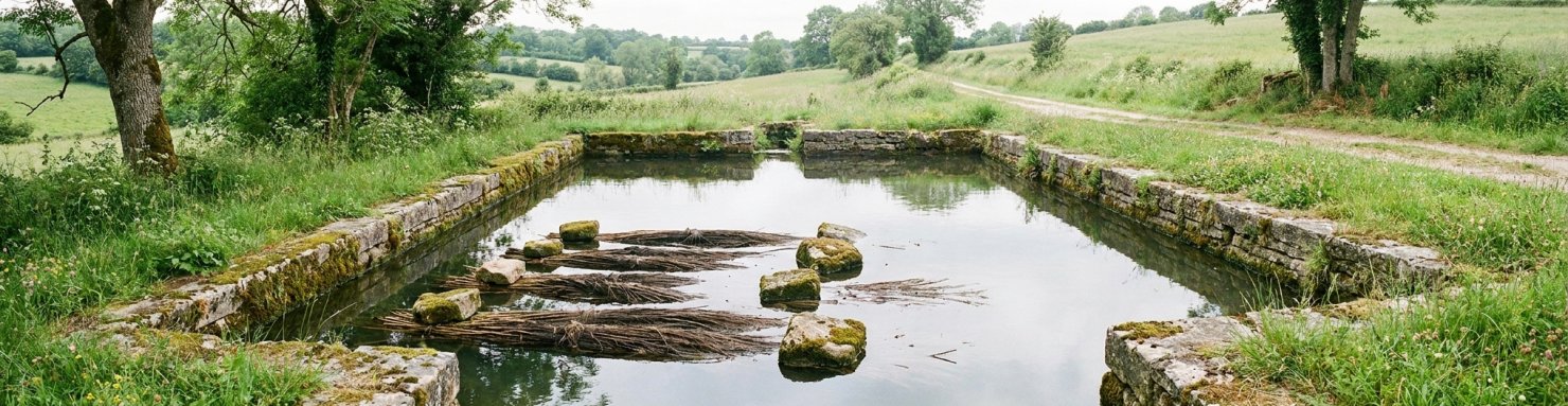 Ancien routoir en pierre où des bottes de chanvre trempent pour le rouissage à l'eau