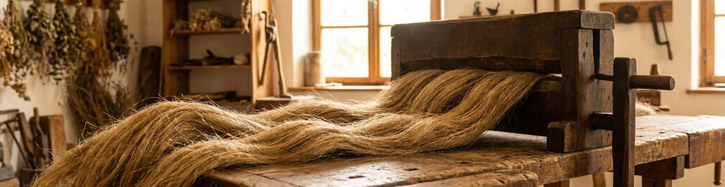 Longues fibres de filasse de chanvre peignées sur un établi d'atelier après teillage