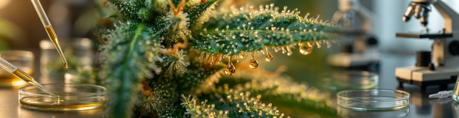 Trichomes glandulaires riches en THCA sur une fleur de cannabis fraîche