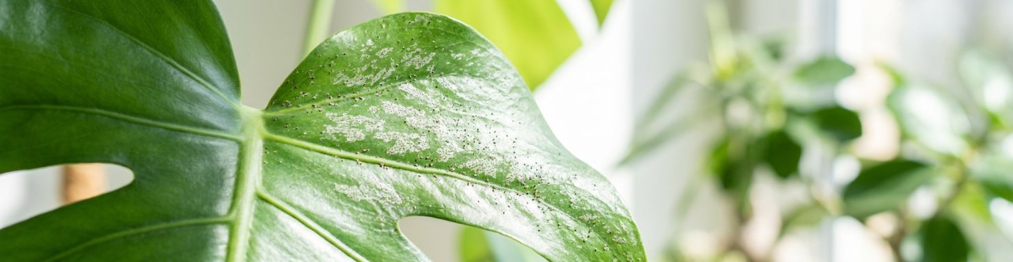 Feuille de monstera marquée de taches argentées dues aux thrips