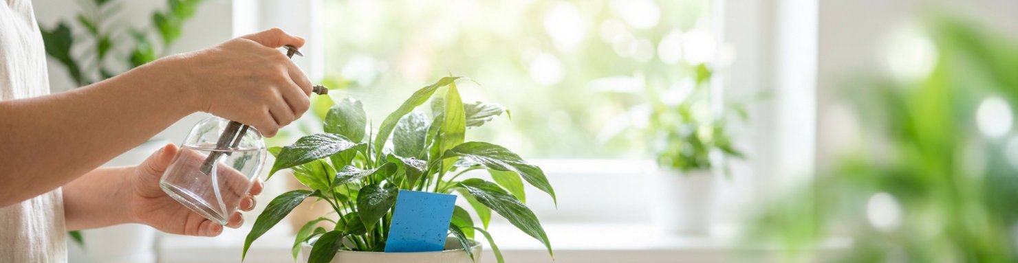 Pulvérisation d'une plante verte et piège bleu englué contre les thrips