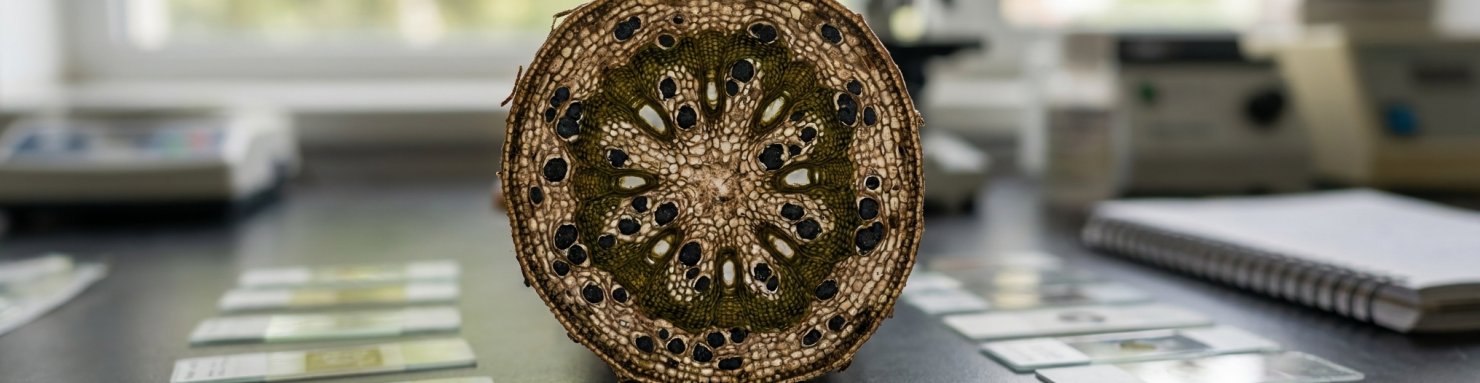 Verticillium dahliae, pathogène responsable de la verticilliose, microsclérotes et vaisseaux conducteurs en coupe