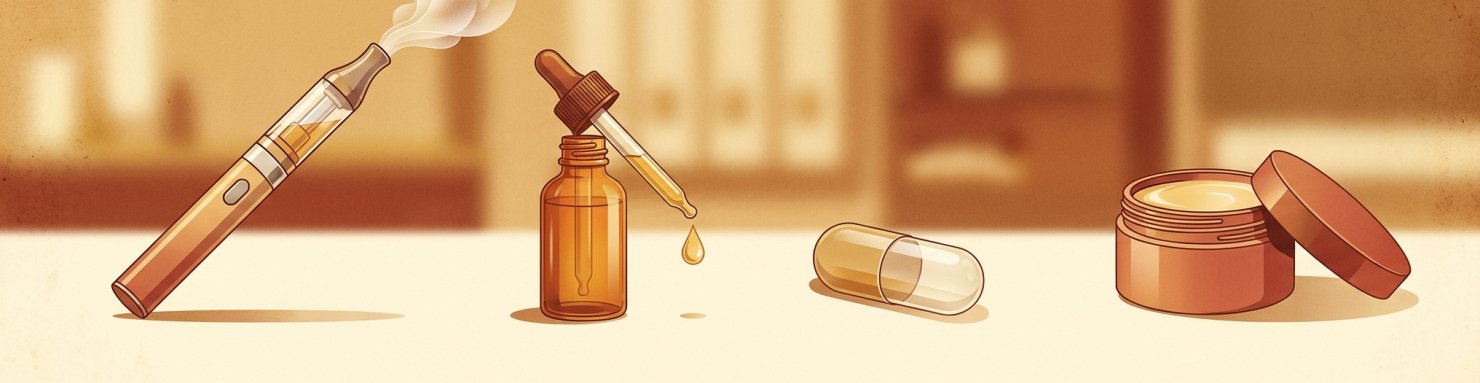 Comparatif des voies d'administration du CBD : vape, huile sublinguale, gélule orale et baume cutané
