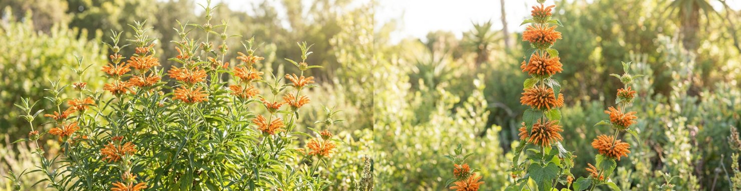 Wild dagga et klip dagga, deux Leonotis à fleurs orange dans un jardin